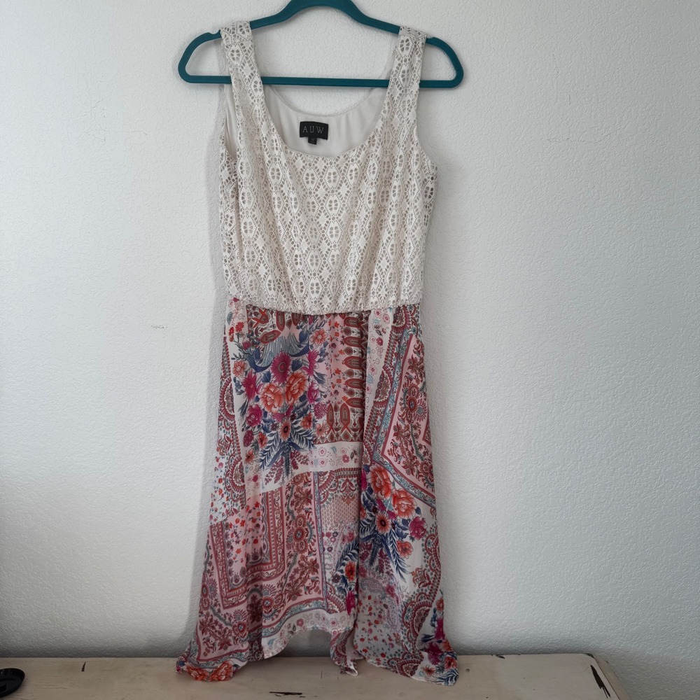 AUW‎ Women's Sleeveless Lace Top Maxi Dress Paisley Floral Print Size 10